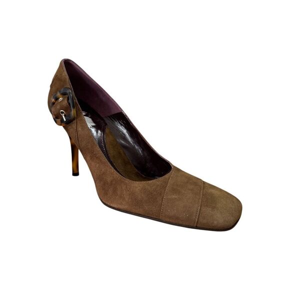 New Vintage Y2k Via Spiga Brown Suede Tortoise Shell Buckle Pumps Women Sz 10M - Picture 1 of 9